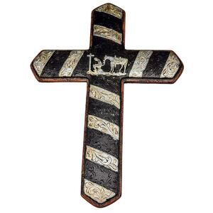 Ceramic Cowboy Vintage Cross 9"x12" Brown & Silver Cross